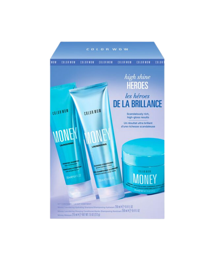 High Shine Heros Trio Includes:

(1) - Money Masque 7.5 oz.
(1) - Money Laundering Hydrating Shampoo, 8.4 fl. oz.
(1) - Money Laundering Glossy Conditioner, 8.4 fl. oz.