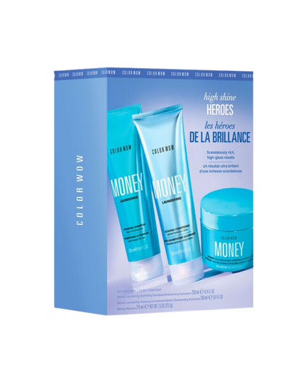 High Shine Heros Trio Includes:

(1) - Money Masque 7.5 oz.
(1) - Money Laundering Hydrating Shampoo, 8.4 fl. oz.
(1) - Money Laundering Glossy Conditioner, 8.4 fl. oz.