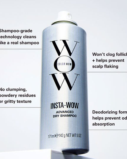 Insta-WOW Advanced Dry Shampoo breakthrough dry shampoo removes up to 95%* of oil for a shampoo-grade clean - no white cast, no clumping, no buildup. Color WOW's proprietary Active Cleansing Technology dissolves oil into micro-droplets, while ultra-fine, high-performance starches absorb it + lift it away, leaving no gritty residue, hair is soft + shiny as if freshly washed.