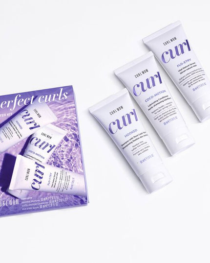 For super supple, hydrated, glossy curls choose Curl Wow.
Perfect Curls Starter Kit Includes:

(1) - Hooked Clean Shampoo, 2 fl. oz.
(1) - Coco-Motion Lubricating Conditioner, 2 fl. oz.
(1) - Flo-Entry Vital Natural Serum, 2 fl. oz.