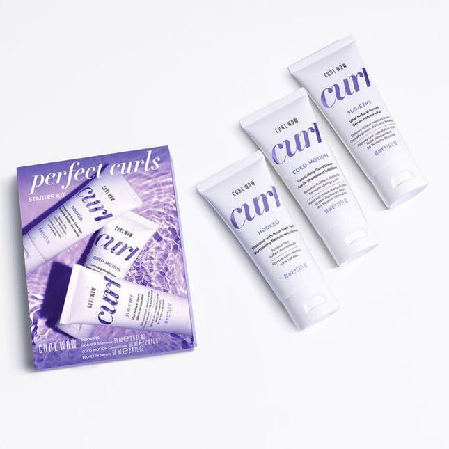 For super supple, hydrated, glossy curls choose Curl Wow.
Perfect Curls Starter Kit Includes:

(1) - Hooked Clean Shampoo, 2 fl. oz.
(1) - Coco-Motion Lubricating Conditioner, 2 fl. oz.
(1) - Flo-Entry Vital Natural Serum, 2 fl. oz.