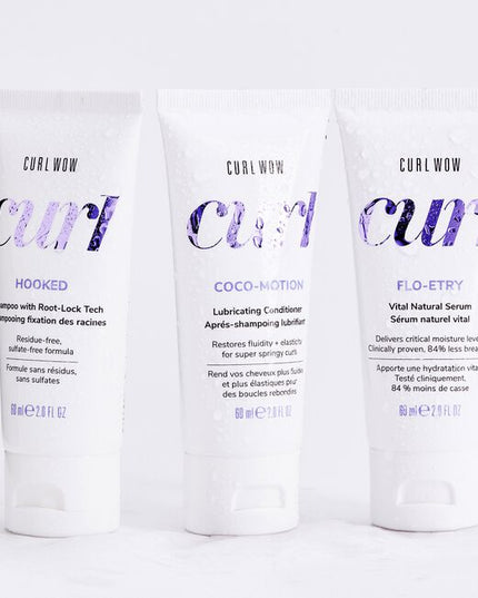 For super supple, hydrated, glossy curls choose Curl Wow.
Perfect Curls Starter Kit Includes:

(1) - Hooked Clean Shampoo, 2 fl. oz.
(1) - Coco-Motion Lubricating Conditioner, 2 fl. oz.
(1) - Flo-Entry Vital Natural Serum, 2 fl. oz.