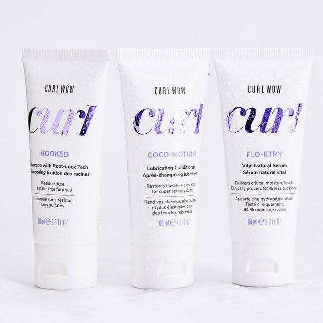 For super supple, hydrated, glossy curls choose Curl Wow.
Perfect Curls Starter Kit Includes:

(1) - Hooked Clean Shampoo, 2 fl. oz.
(1) - Coco-Motion Lubricating Conditioner, 2 fl. oz.
(1) - Flo-Entry Vital Natural Serum, 2 fl. oz.