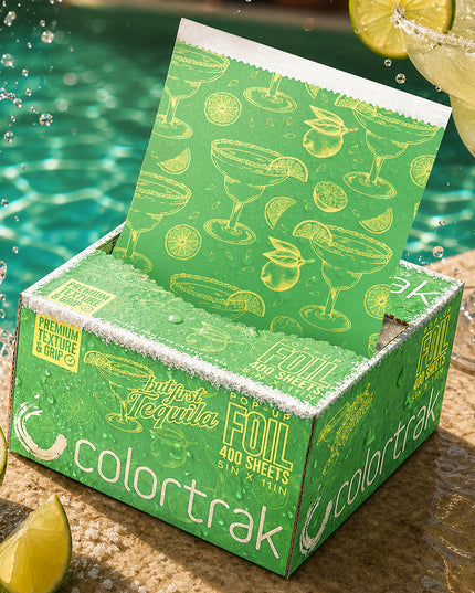 The Colortrak "But First, Tequila" Pop-Up Foil is a professional-grade, limited-edition hair highlighting foil designed to bring a fun, vibrant aesthetic to salon color services.