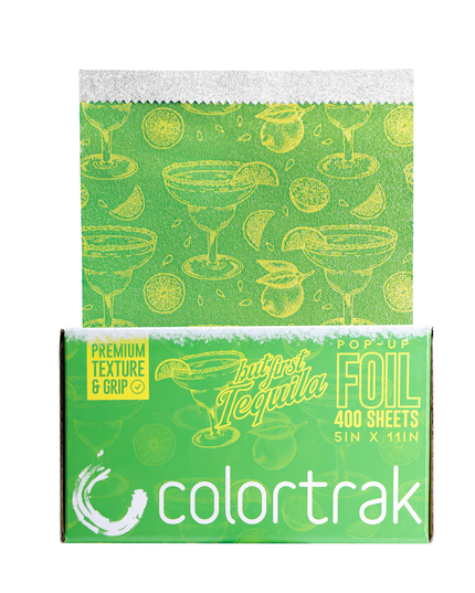 The Colortrak "But First, Tequila" Pop-Up Foil is a professional-grade, limited-edition hair highlighting foil designed to bring a fun, vibrant aesthetic to salon color services.