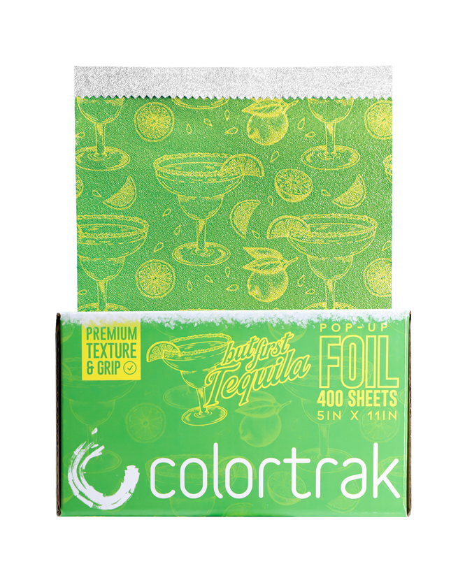 The Colortrak "But First, Tequila" Pop-Up Foil is a professional-grade, limited-edition hair highlighting foil designed to bring a fun, vibrant aesthetic to salon color services.