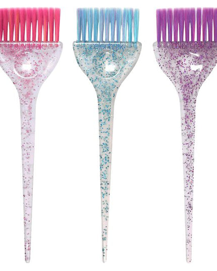 The 3 piece set features a colorful blend of ultra-soft feather colored bristles, paired with multi-color glitter handles.