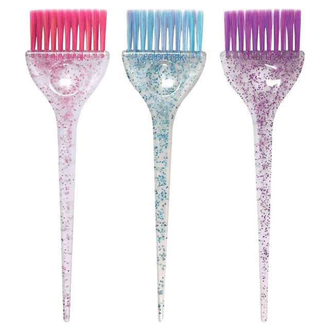 The 3 piece set features a colorful blend of ultra-soft feather colored bristles, paired with multi-color glitter handles.
