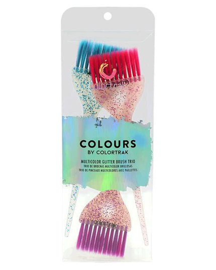 The 3 piece set features a colorful blend of ultra-soft feather colored bristles, paired with multi-color glitter handles.