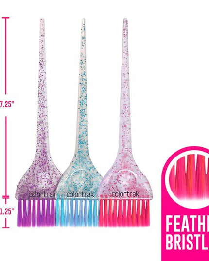 The 3 piece set features a colorful blend of ultra-soft feather colored bristles, paired with multi-color glitter handles.