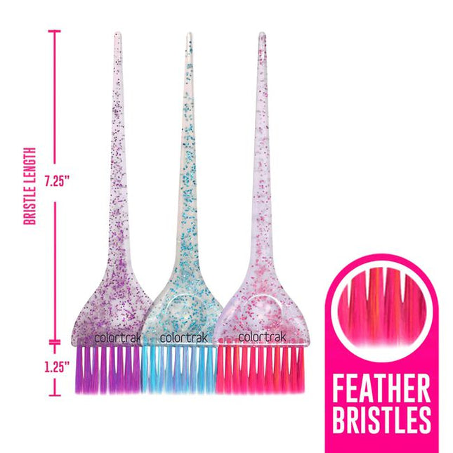 The 3 piece set features a colorful blend of ultra-soft feather colored bristles, paired with multi-color glitter handles.