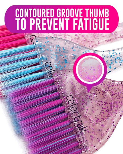 The 3 piece set features a colorful blend of ultra-soft feather colored bristles, paired with multi-color glitter handles.