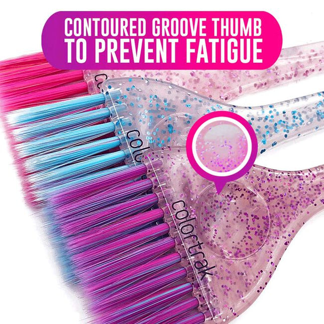 The 3 piece set features a colorful blend of ultra-soft feather colored bristles, paired with multi-color glitter handles.