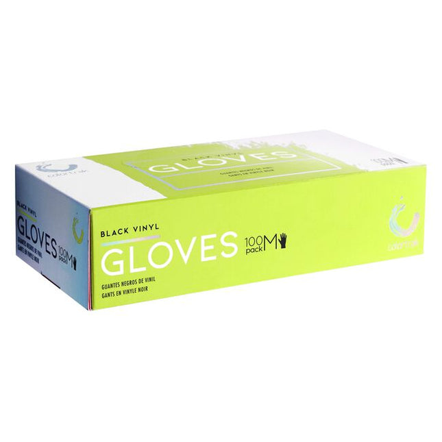 Colortrak Disposable Black Vinyl Gloves are single use gloves made of latex-free vinyl. Each box contains 100 black gloves that hide stains during the color process. Available in size Small, Medium and Large.