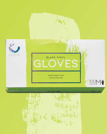 Colortrak Disposable Black Vinyl Gloves are single use gloves made of latex-free vinyl. Each box contains 100 black gloves that hide stains during the color process. Available in size Small, Medium and Large.