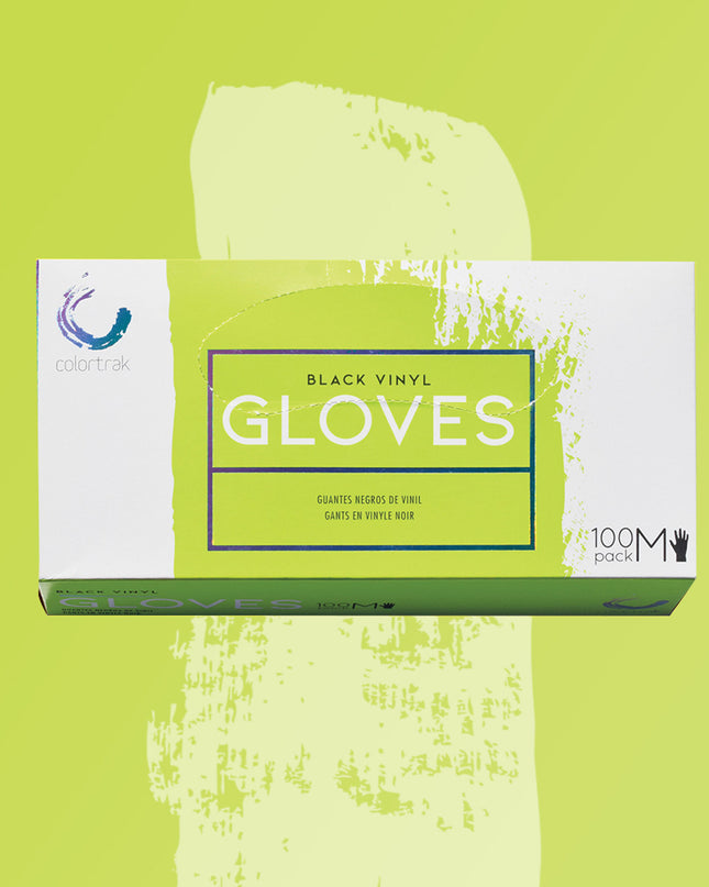 Colortrak Disposable Black Vinyl Gloves are single use gloves made of latex-free vinyl. Each box contains 100 black gloves that hide stains during the color process. Available in size Small, Medium and Large.
