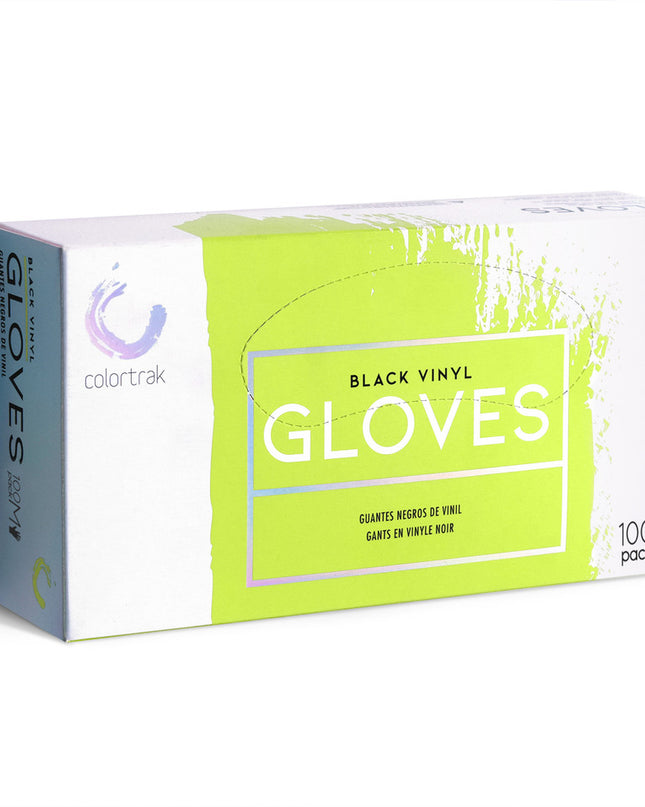 Colortrak Disposable Black Vinyl Gloves are single use gloves made of latex-free vinyl. Each box contains 100 black gloves that hide stains during the color process. Available in size Small, Medium and Large.