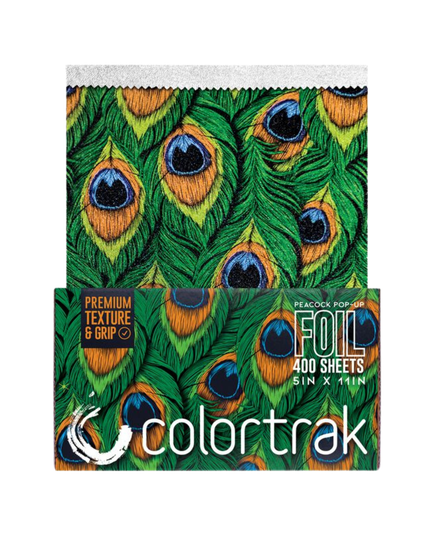 Step into the spotlight with Peacock, a foil made to show off. Inspired by the fiercest feathers in nature, this design brings rich jewel tones and graceful detail to every service. With flawless grip and smooth saturation, each sheet helps you create color that struts with confidence and shines with unapologetic glam. From brilliant blondes to dimensional brunettes, every highlight becomes a statement worth noticing. Bold, beautiful, and born to stand out, this is Peacock.