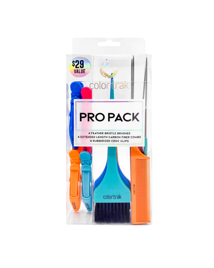 Color like a pro with the all-new Pro Pack, your ultimate toolkit for precision and professional hair coloring. This comprehensive kit includes extended length carbon fiber combs for accurate weaving, feather bristle brushes for smooth application, and rubberized Croc Clips for secure sectioning. Elevate your styling game and create stunning looks effortlessly with the Pro Pack.