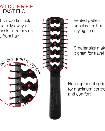 Quick Drying for On-the-Go: The Static Free Mini Fast Flo Vent Brush is expertly designed to dry hair quickly, making it an essential tool for travel and busy lifestyles. Its compact size fits well into any bag for easy, on-the-go styling.