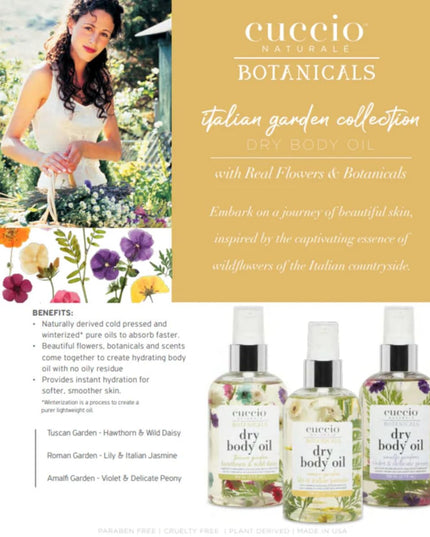 Give your skin the nourishment it deserves with Cuccio Naturale Tuscan Garden Dry Body Oil. Inspired by sun-kissed meadows of the Italian countryside, this luxurious dry oil is formulated to rejuvenate dry skin without any greasy residue. Each bottle is infused with real hawthorn and wild daisy blossoms, bringing a touch of natural beauty and botanical extracts to pamper your skin.