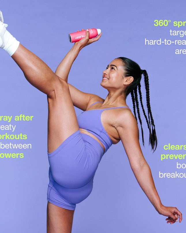 This blemish-fighting body spray acts fast on those hard-to-reach areas to help clear clogged pores and minimize future body breakouts. The refreshing mist even disperses upside down so you’ll never miss a spot. 