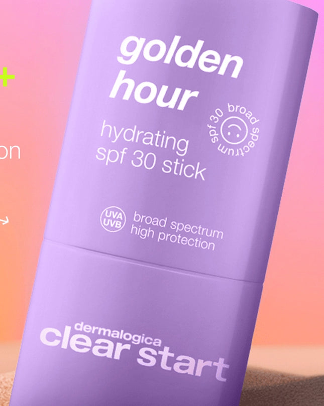 Every Hour is Golden Hour with Clear Start by Dermalogica’s 3-in-1 Hydrating SPF stick: Protect with SPF30, Clarify with Willow Bark Extract, and Glow with a golden shimmer. Squalane + Jojoba seed oil provide lasting hydration. Throw it in your bag for a glow on the go! Use all over your face + body.