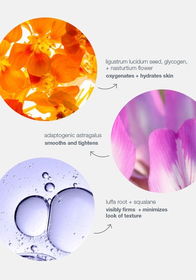 Reawakening daily liquid moisturizer firms, lifts and revitalizes with hydrating oxygen-optimizing phytoactives — breathing new life into aging skin. Lightweight cream utilizes a high-altitude botanical extract from Ligustrum Lucidum Seed together with Glycogen and Nasturtium Flower to help oxygenate skin’s surface by hydrating its upper layers for a smooth, energized appearance.