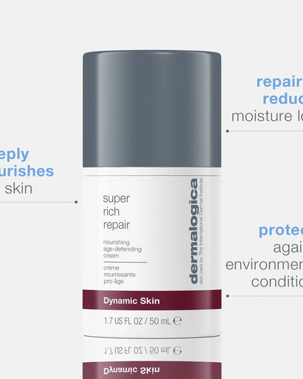 Super Rich Repair is a rich anti-aging moisturizer, ideal for prematurely-aging skin.
This super-concentrated cream acts as a protective salve to combat chronic dryness and dehydration while addressing visible signs of aging.