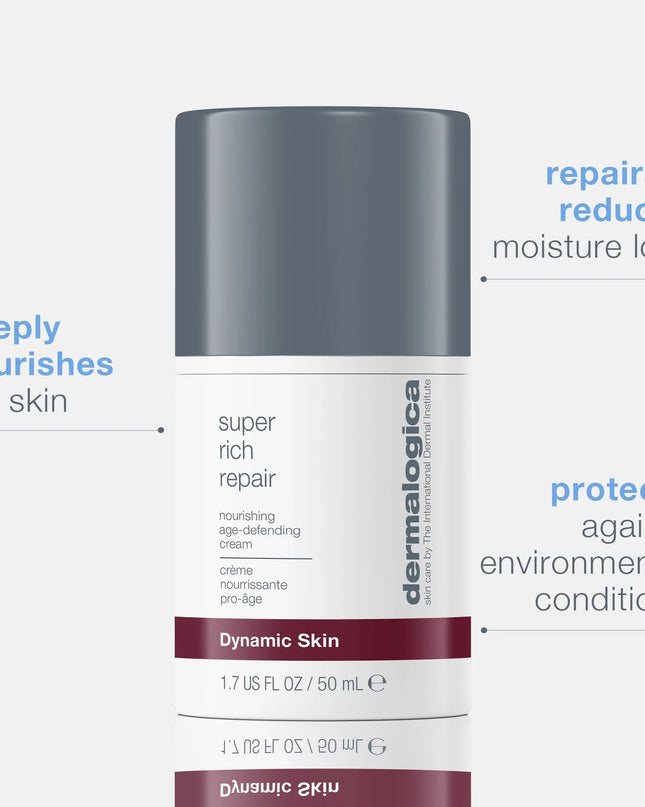 Super Rich Repair is a rich anti-aging moisturizer, ideal for prematurely-aging skin.
This super-concentrated cream acts as a protective salve to combat chronic dryness and dehydration while addressing visible signs of aging.