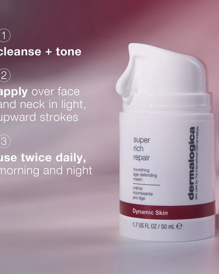 Super Rich Repair is a rich anti-aging moisturizer, ideal for prematurely-aging skin.
This super-concentrated cream acts as a protective salve to combat chronic dryness and dehydration while addressing visible signs of aging.