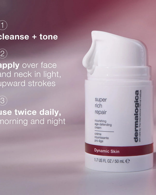 Super Rich Repair is a rich anti-aging moisturizer, ideal for prematurely-aging skin.
This super-concentrated cream acts as a protective salve to combat chronic dryness and dehydration while addressing visible signs of aging.