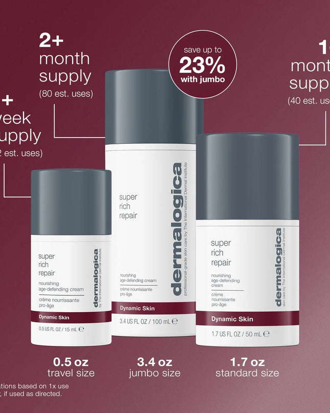 Super Rich Repair is a rich anti-aging moisturizer, ideal for prematurely-aging skin.
This super-concentrated cream acts as a protective salve to combat chronic dryness and dehydration while addressing visible signs of aging.