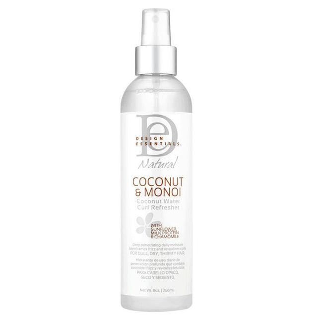 Design Essential's Coconut Water Curl Refresher packs a hydrating punch. This lightweight curl quencher instantly revitalizes coils with our triple hydrating monoi moisture blend. With daily use, thirsty curls are deeply penetrated and frizz is easily tamed.