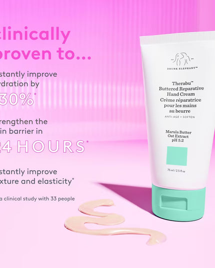 Drunk Elephant's Therabu Buttered Reparative Hand Cream is a nourishing hand cream that delivers 24-hour moisture, softening and repairing dry hands while diminishing visible signs of aging.