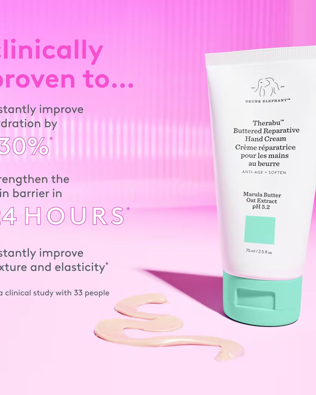 Drunk Elephant's Therabu Buttered Reparative Hand Cream is a nourishing hand cream that delivers 24-hour moisture, softening and repairing dry hands while diminishing visible signs of aging.