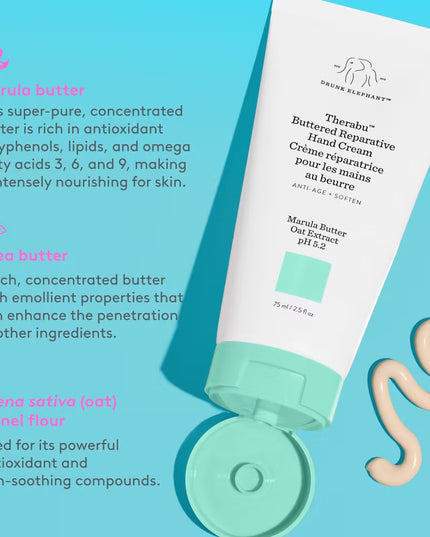 Drunk Elephant's Therabu Buttered Reparative Hand Cream is a nourishing hand cream that delivers 24-hour moisture, softening and repairing dry hands while diminishing visible signs of aging.