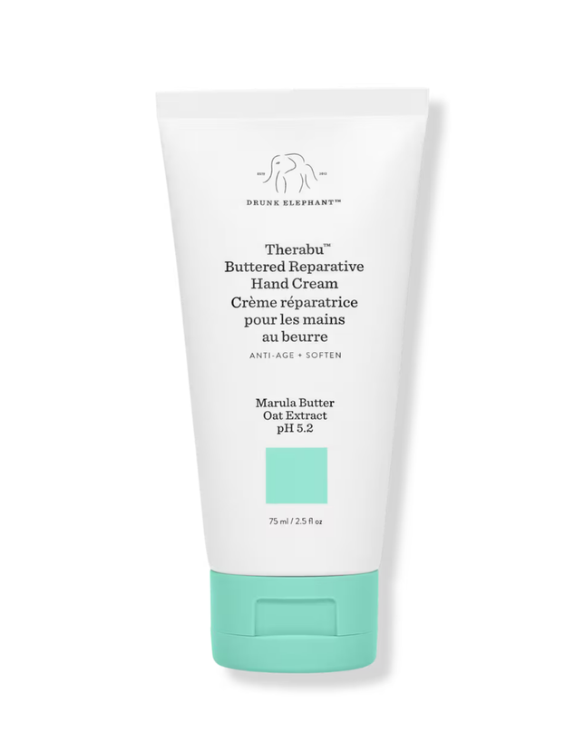 Drunk Elephant's Therabu Buttered Reparative Hand Cream is a nourishing hand cream that delivers 24-hour moisture, softening and repairing dry hands while diminishing visible signs of aging.
