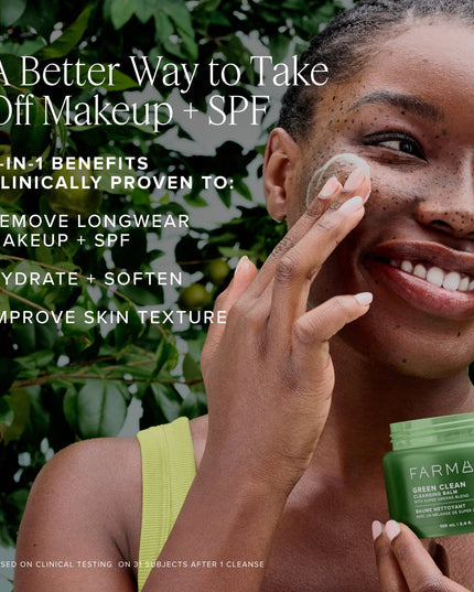 A new + improved version of our award-winning cleansing balm, clinically proven to gently remove over 99% longwear foundation, waterproof mascara + SPF — leaving skin soft, smooth + hydrated after each cleanse. It’s greener, cleaner + better than makeup wipes, with a new plant-based formula featuring a farm-grown super greens blend of upcycled moringa, holy basil + arugula. Housed in a sleek new jar + cap made from 100% post-consumer recycled plastic, with a subtle, dreamy scent of lime, bergamot + orange.
