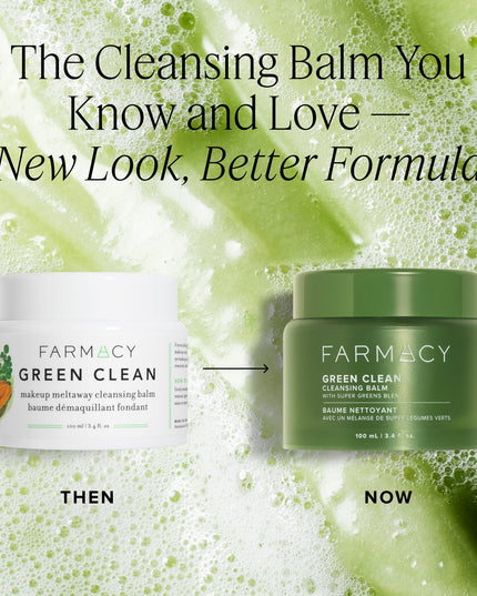 A new + improved version of our award-winning cleansing balm, clinically proven to gently remove over 99% longwear foundation, waterproof mascara + SPF — leaving skin soft, smooth + hydrated after each cleanse. It’s greener, cleaner + better than makeup wipes, with a new plant-based formula featuring a farm-grown super greens blend of upcycled moringa, holy basil + arugula. Housed in a sleek new jar + cap made from 100% post-consumer recycled plastic, with a subtle, dreamy scent of lime, bergamot + orange.