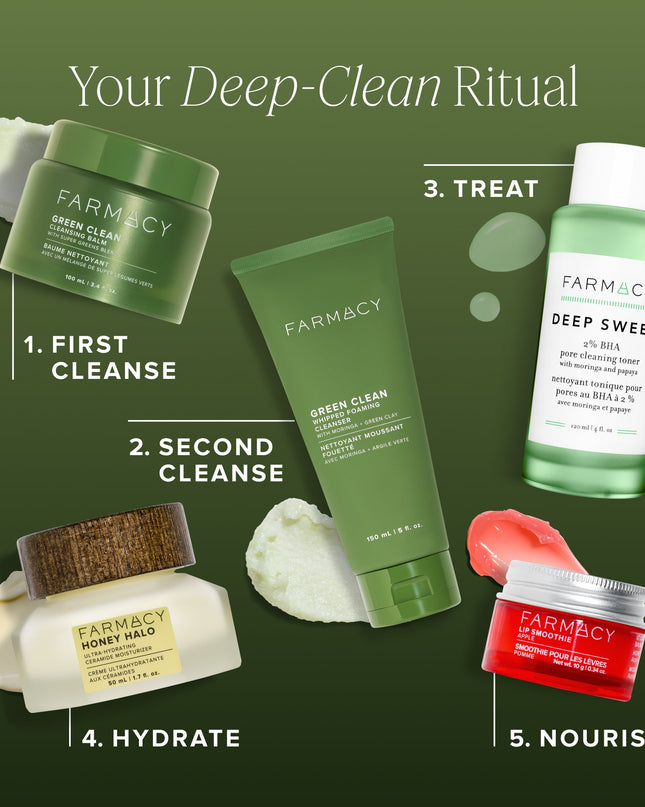 A new + improved version of our award-winning cleansing balm, clinically proven to gently remove over 99% longwear foundation, waterproof mascara + SPF — leaving skin soft, smooth + hydrated after each cleanse. It’s greener, cleaner + better than makeup wipes, with a new plant-based formula featuring a farm-grown super greens blend of upcycled moringa, holy basil + arugula. Housed in a sleek new jar + cap made from 100% post-consumer recycled plastic, with a subtle, dreamy scent of lime, bergamot + orange.