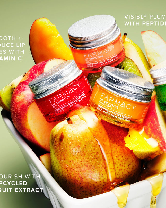 Our peptide-powered smoothie with tropical vacation vibes! This nourishing, clinically proven daily peptide lip balm is packed with upcycled mango seed butter, peptides + vitamin C for smooth, plumped lips coated with locked-in moisture and a high-gloss finish.