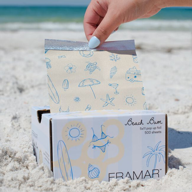 Sandals. Stripes. Sunshine. Framar's new “Beach Bum” collection is bringing breezy summer vibes to your salon! Inspired by beach umbrellas and boardwalks, these blue and cream hues with playful summer illustrations bring a refreshing touch of the shore to your station.