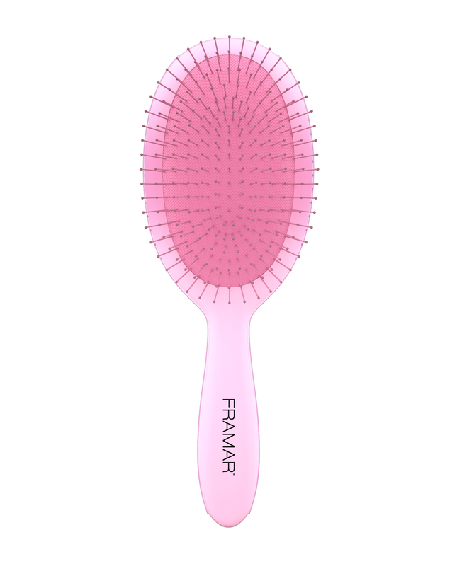 Framar Aurascope Detangle Brush flexible bristles - pain-free brushing - pink aura colors. Where hair and higher self meet. Good hair is coming with this stunning pink aura detangling hair brush.