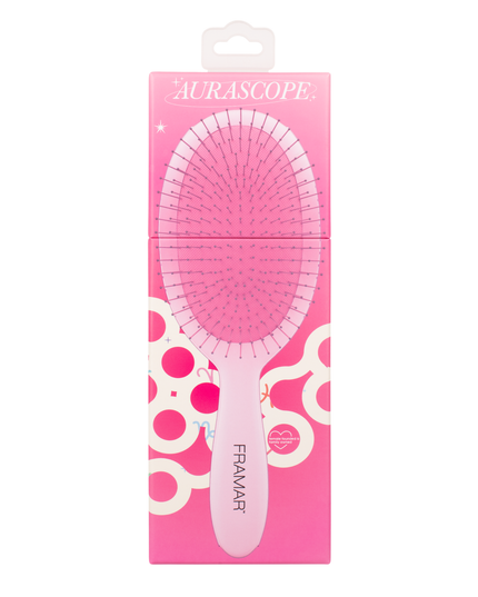 Framar Aurascope Detangle Brush flexible bristles - pain-free brushing - pink aura colors. Where hair and higher self meet. Good hair is coming with this stunning pink aura detangling hair brush.