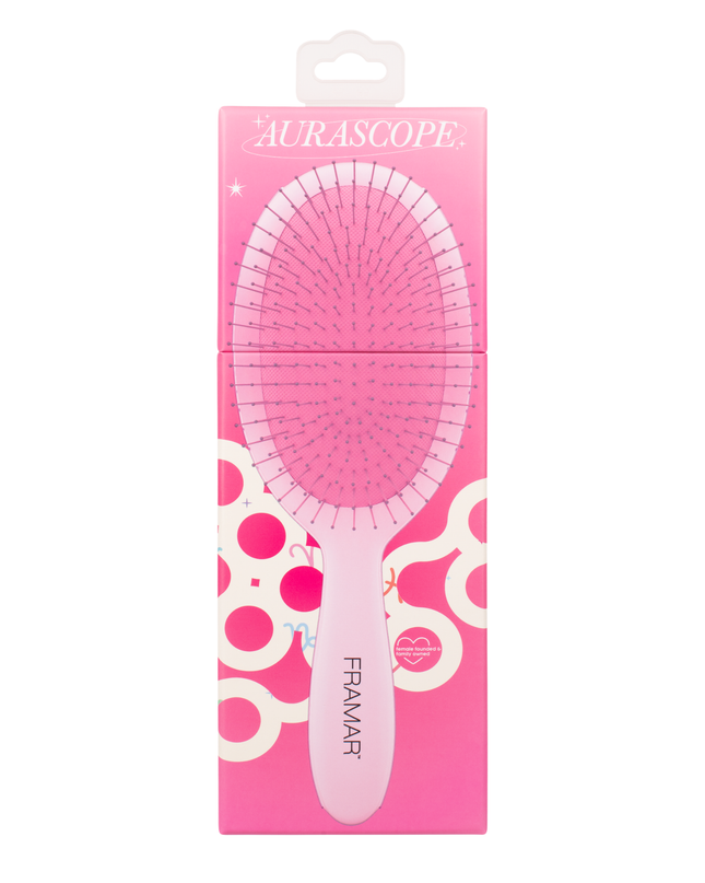 Framar Aurascope Detangle Brush flexible bristles - pain-free brushing - pink aura colors. Where hair and higher self meet. Good hair is coming with this stunning pink aura detangling hair brush.
