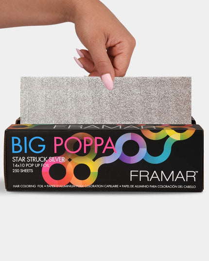 Big Poppa Star Struck Silver 14 x 10 Pop Up Foils includes 250 sheets. Extra-wide foils wrap the entire scalp, perfect for highlights on long strands.