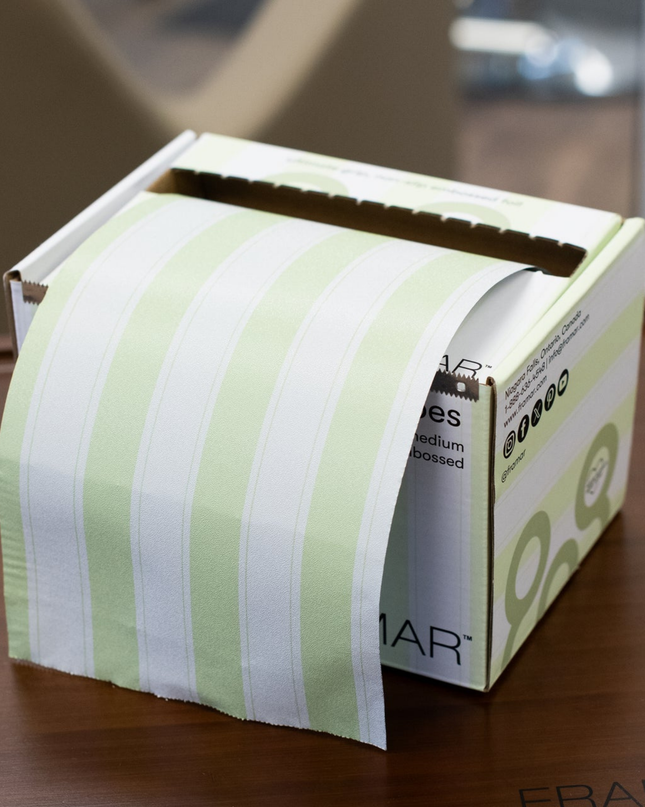 Fresh, fun, and functional—Framar Celery Stripes Embossed Foil Roll is the perfect blend of performance and personality for professional colorists. Designed to deliver maximum control and efficiency, this embossed foil keeps hair securely in place while you create flawless highlights, balayage, and custom color looks.