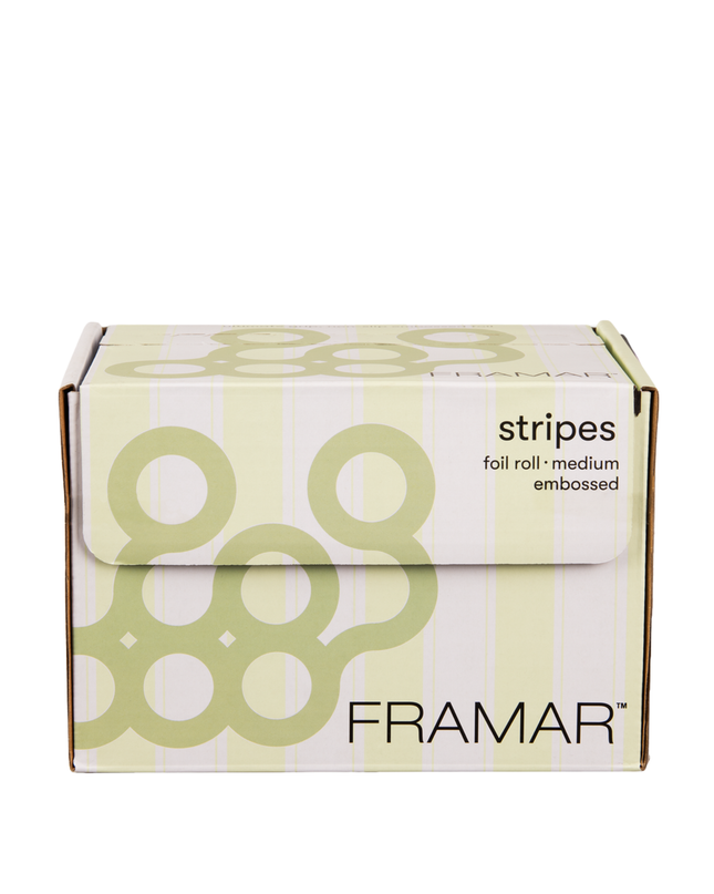 Fresh, fun, and functional—Framar Celery Stripes Embossed Foil Roll is the perfect blend of performance and personality for professional colorists. Designed to deliver maximum control and efficiency, this embossed foil keeps hair securely in place while you create flawless highlights, balayage, and custom color looks.