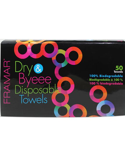 Framar Dry &amp; Byeee Disposable towels containing 50 towels per pack. Save time and money using absorbent, durable, and biodegradable towels.